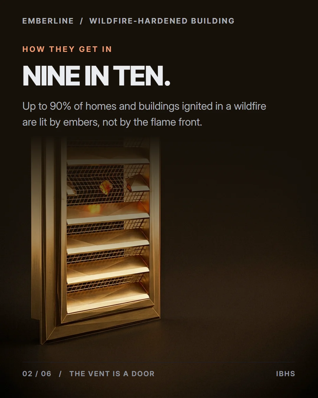Carousel frame: a gold louvred roof vent with an ember caught in its mesh, headed "Nine in ten".
