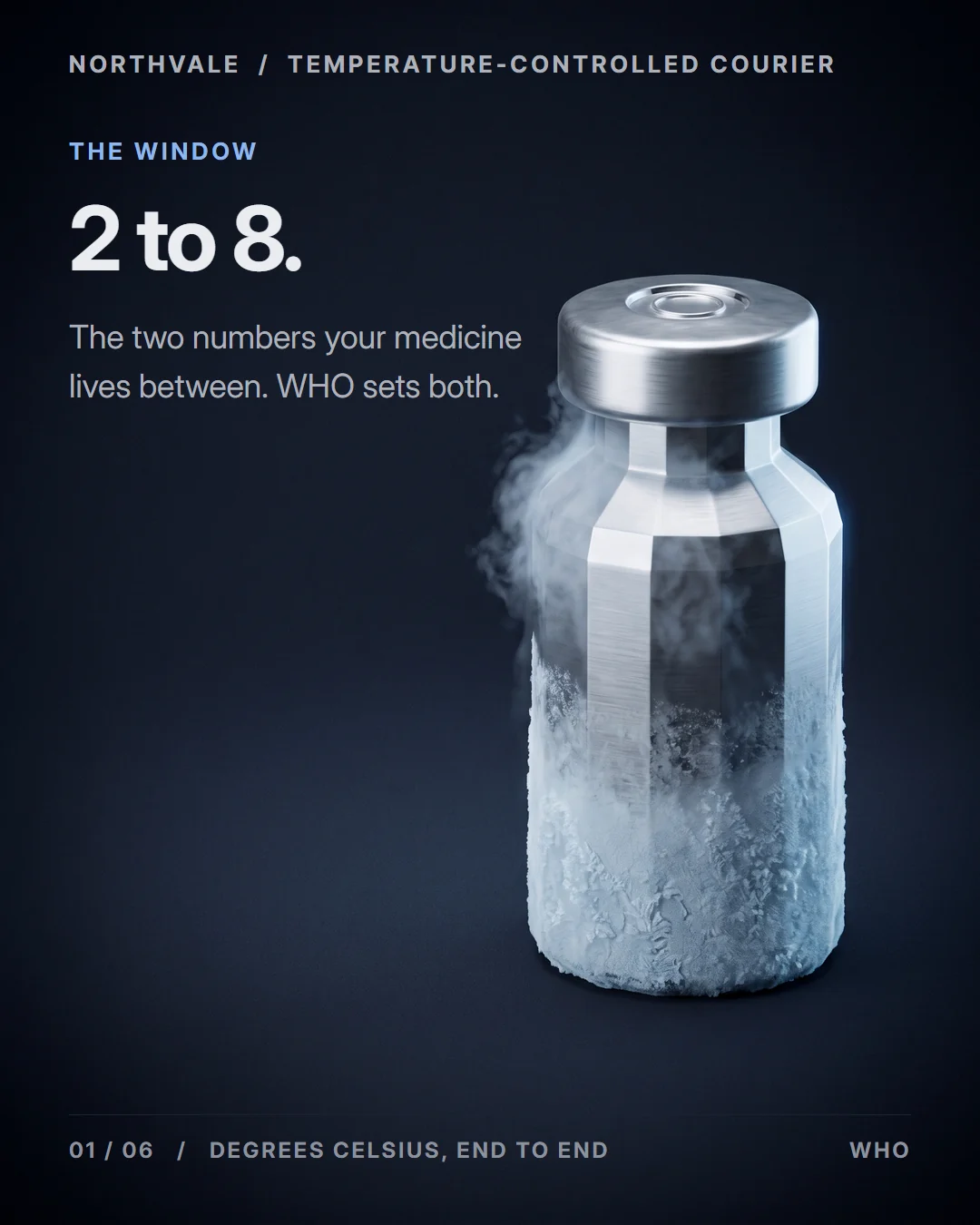 Carousel frame: a frosted pharmaceutical vial venting cold vapour, headed "2 to 8".