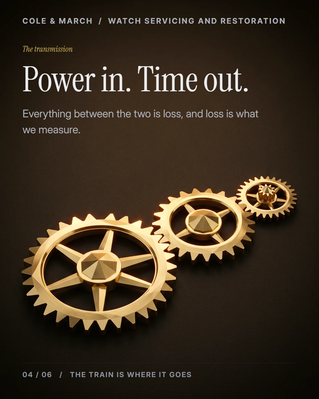 Carousel frame: three gold watch gears meshed in a line, headed "Power in. Time out."