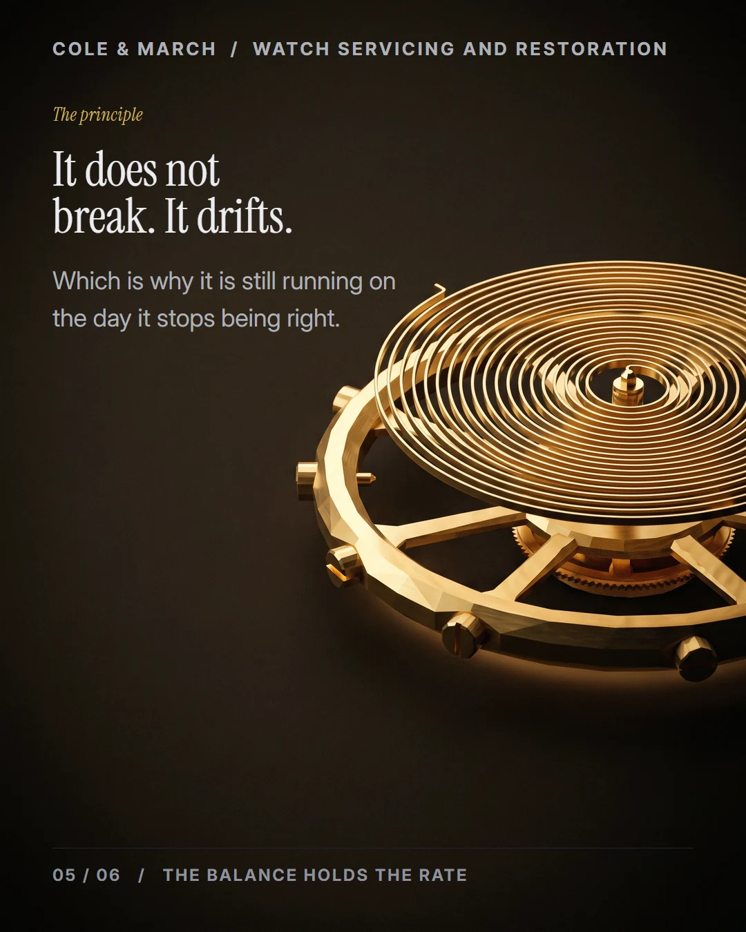 Carousel frame: a gold balance wheel under its spiral hairspring, headed "It does not break. It drifts."